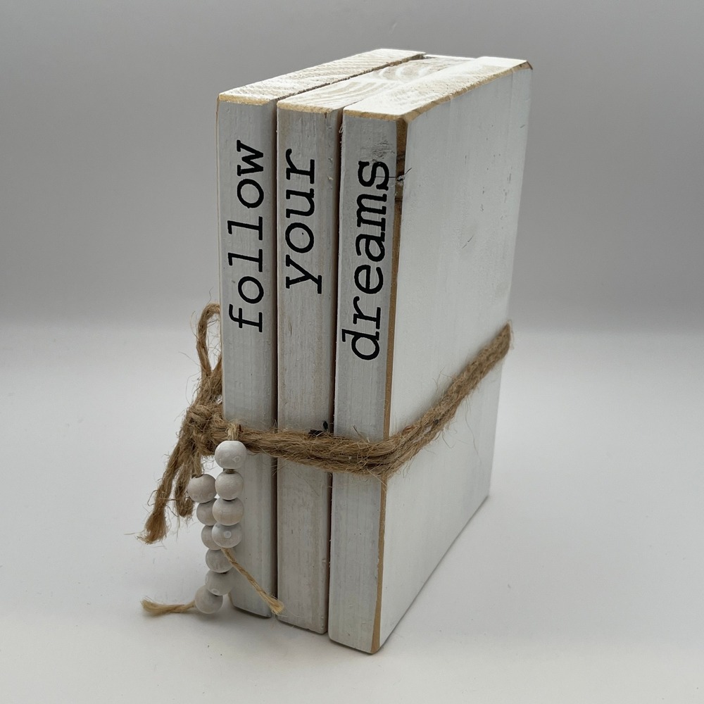 Follow Your Dreams Rustic White Wooden Book Stack Decor with Jute and Beads